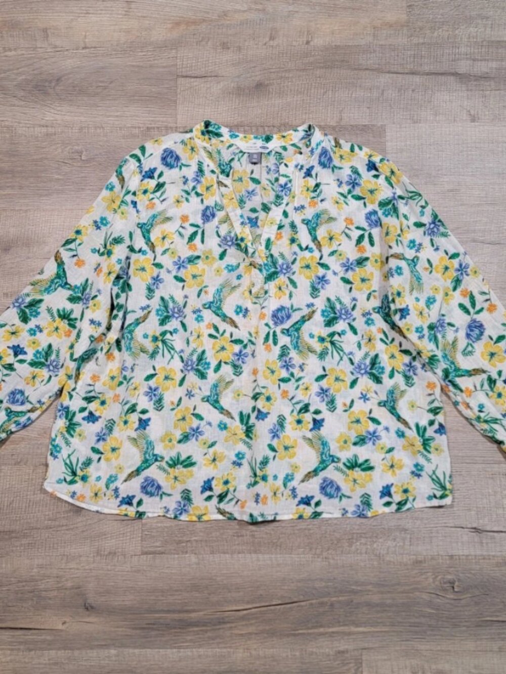 Old Navy Linen Tunic Shirt Birds of Paradise Popover‎ V Neck XXL Parrot Floral